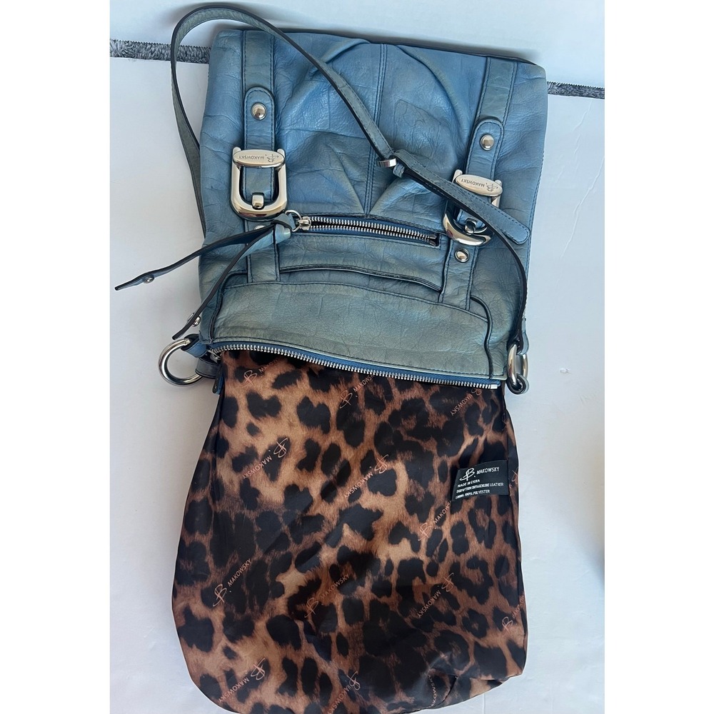 B. Makowsky Blue Leather Distressed Look Crossbody Shoulder Bag Purse - Picture 7 of 10
